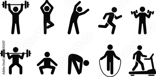 Fitness Activity Stick Figures Set Featuring Weightlifting, Yoga, Running, and Cardio Exercises for Health, Workout, and Sport Designs