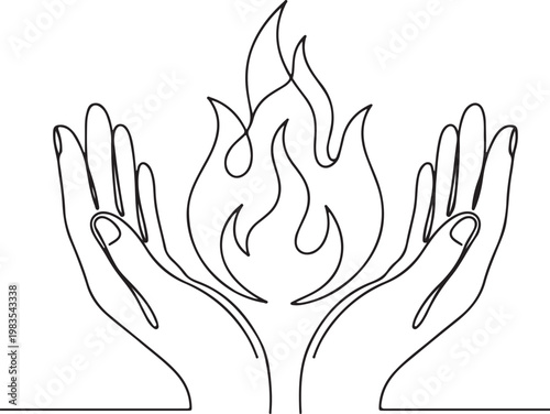 Human hands holding flame fire line drawing hope energy protection concept minimal outline symbolic vector illustration