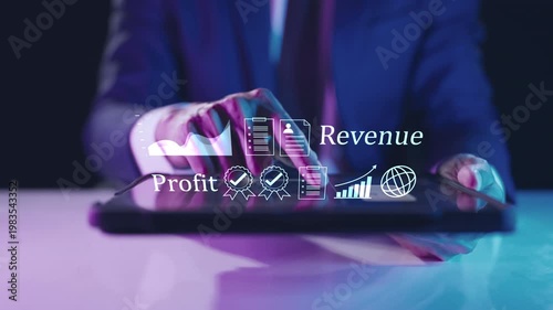 Financial profit and revenue business growth. Digital data analysis chart, global market success strategy, certified corporate quality management, and economic investment planning concept.