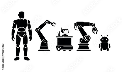 humanoid robot standing figure, robot arm mechanical limb, service robot mobile base, industrial robot articulated arm, companion