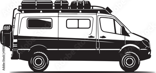 Camper van, motorhome, travel vehicle, recreational vehicle, black and white illustration