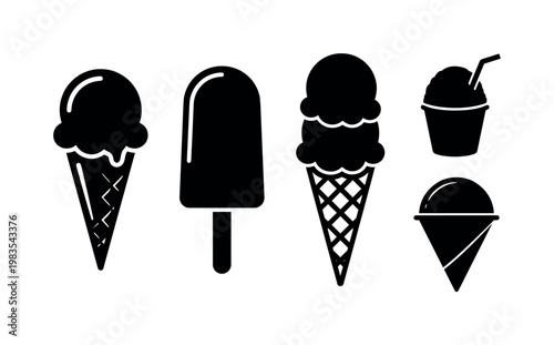 ice cream cone scoop, popsicle stick frozen, waffle cone with ice cream, shaved ice cup, snow cone handheld bold black silhouette