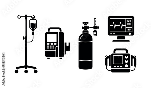 iv stand drip pole, infusion pump device unit, oxygen cylinder tank, patient monitor screen unit, defibrillator hospital machine