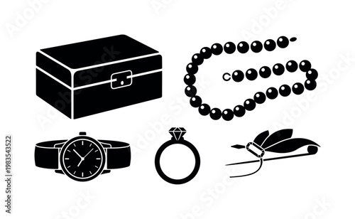 jewelry box hinged, pearl necklace strand, gold watch wrist, diamond ring solitaire, gemstone brooch pin bold black silhouette