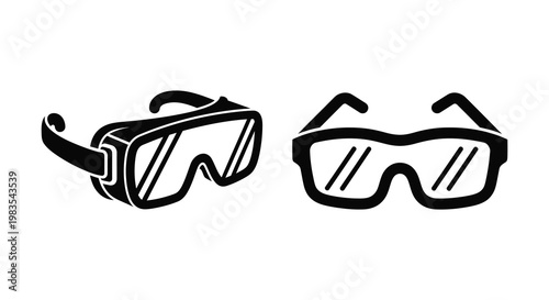 Two pairs of eyewear a goggle and sunglasses in black silhouette