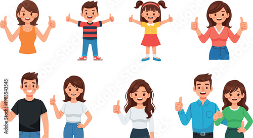 Vector illustration set of diverse people and kids giving thumbs up in various outfits and poses, ideal for positive gestures, communication, and social media designs