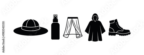 wide brim jungle hat, insect repellent spray bottle, mosquito net mesh cover, rain poncho hooded coat, waterproof boots high ankle