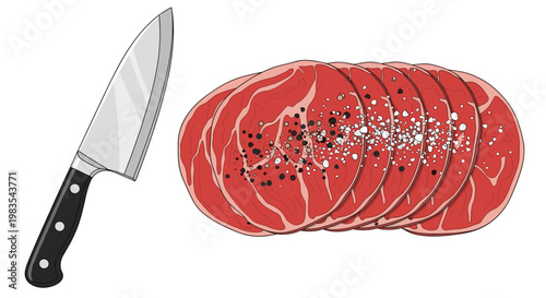 Raw marbled beef steaks seasoned with cracked black pepper and coarse salt lie beside a large professional kitchen chef's knife on a white background.