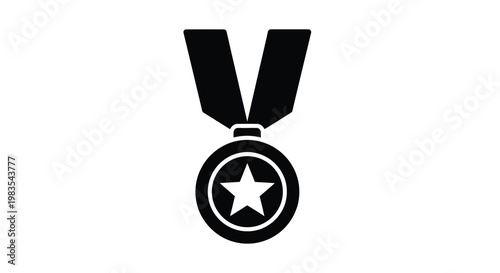 Simple black silhouette of a star shaped medal with a ribbon