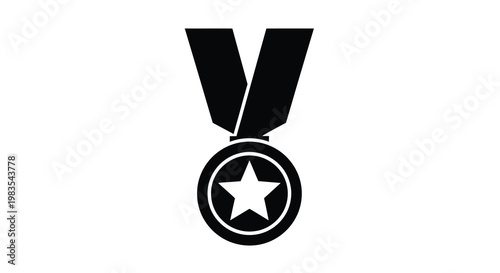 A black and white silhouette of a star shaped medal with a ribbon