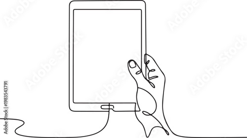 Hand holding tablet device line drawing digital technology mobile screen concept minimal outline modern vector design