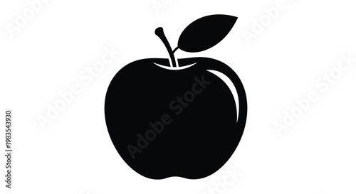 Simple black and white illustration of a single apple with a leaf