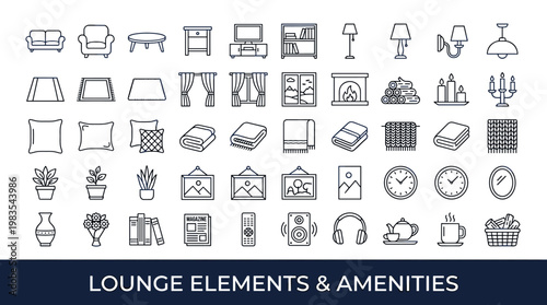 Collection of line art icons representing lounge furniture and home decor elements