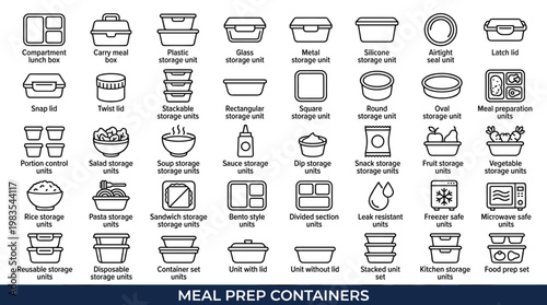 Collection of various food storage container icons for meal prep and organization