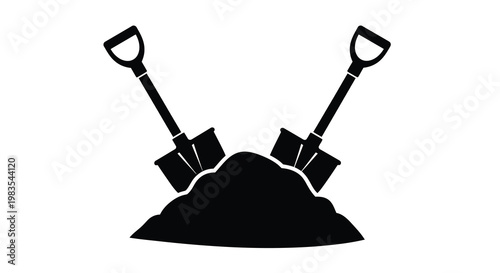 Two shovels stuck in a pile of dirt a simple black and white illustration