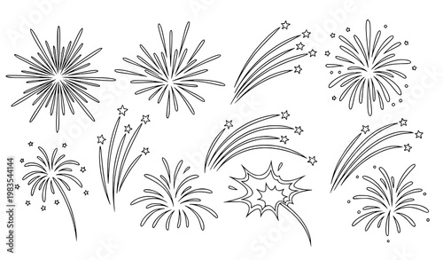 Fireworks line art vector doodle sparkler burst celebration icons