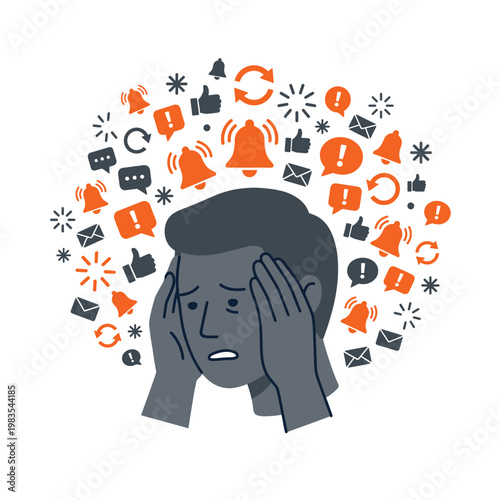 Man suffering from digital information overload and social media notification stress vector illustration.