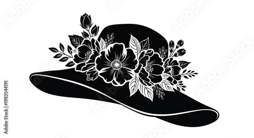 Elegant black hat adorned with detailed floral arrangement in monochrome