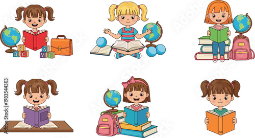 Vector illustration set of six diverse cartoon girls reading books with educational elements like globes, backpacks, and school supplies, ideal for back-to-school and learning designs