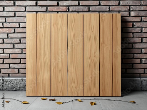 Rustic Wooden Panel Against Textured Brick Wall