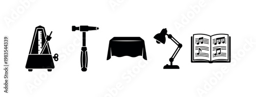 metronome mechanical device, piano tuning hammer, piano cover cloth, piano lamp adjustable, music score sheet bold black