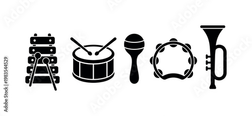 musical toy xylophone, drum small percussion, rattle handheld toy, tambourine round frame, toy trumpet wind instrument bold black