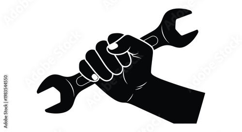 A clenched fist firmly grasping a large adjustable wrench in black
