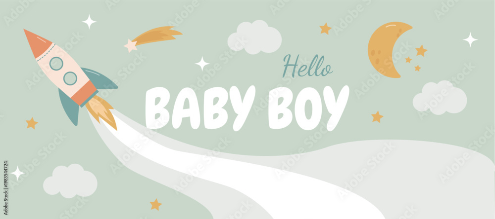 Fototapeta premium A delicate banner for a newborn featuring the sky, clouds, and a rocket
