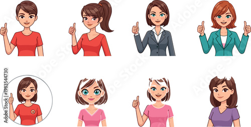 Vector illustration set of eight diverse female characters giving thumbs up in various outfits and poses for communication, feedback, and social media designs