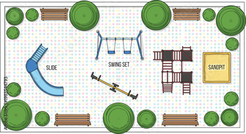 Playground Layout Illustration with Slide, Swing Set, Sandpit, Seesaw, and Benches for Childrens Park, Outdoor Recreation, and Urban Design