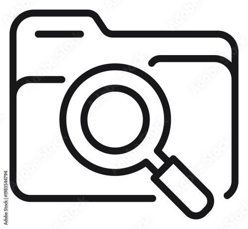 Bild auf Leinwand Black line vector icon of a file folder with a magnifying glass, representing data search, document discovery, file exploration, and information management, isolated on a white background