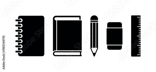 notebook spiral-bound, textbook thick hardcover, pencil writing tool, eraser rectangular, ruler straight edge bold black