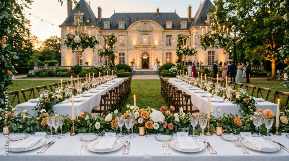 Naklejka premium Elegant outdoor wedding reception with long banquet tables and floral arrangements in front of a chateau