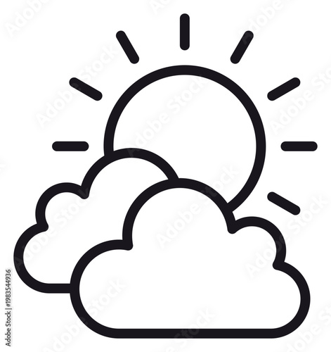 Partly Cloudy Weather Vector Icon Illustration Featuring a Sun Behind Two Clouds in a Minimalist Black Line Art Style for Meteorological Forecast Apps and Environmental Design Projects