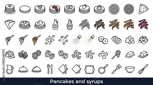 Collection of breakfast icons featuring pancakes, waffles, fruits, and syrups