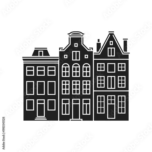Minimalist depiction of three traditional dutch canal houses in black