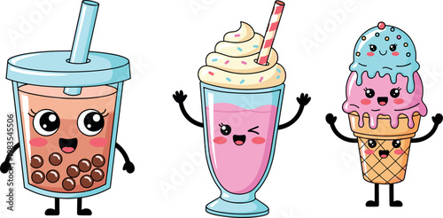 Cute dessert drink characters vector set with bubble tea milkshake ice cream cartoon mascots sweet treats collection isolated