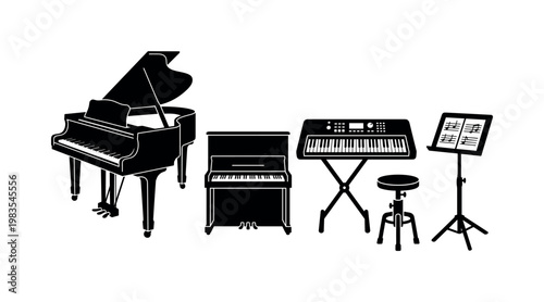 grand piano full body, upright piano rectangular, electric keyboard instrument, piano stool round seat, sheet music stand bold