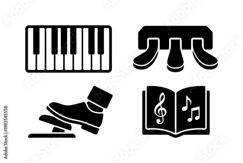 piano keys close-up view, keyboard octave section, piano pedal set, sustain pedal foot, music book open bold black silhouette