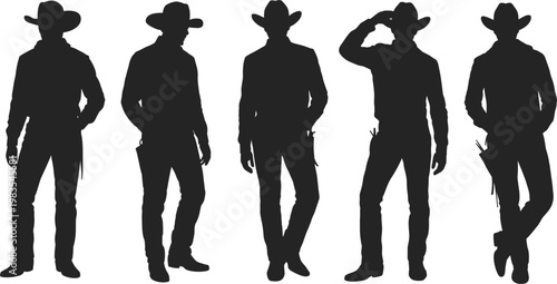 Cowboy silhouettes set western man poses hat gun holster vector illustration isolated design