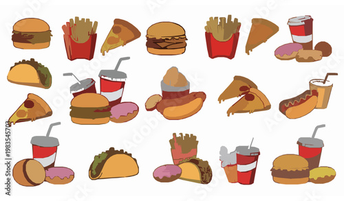 Colorful Fast Food Doodle Collection Vector Set with Burgers Pizza and Drinks