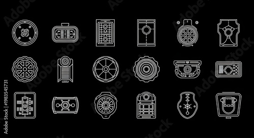 Pool and Leisure Area Layout Blueprint Icon Set – Multi View AutoCAD Resort Landscape Technical Drawing White Outline on Black Background