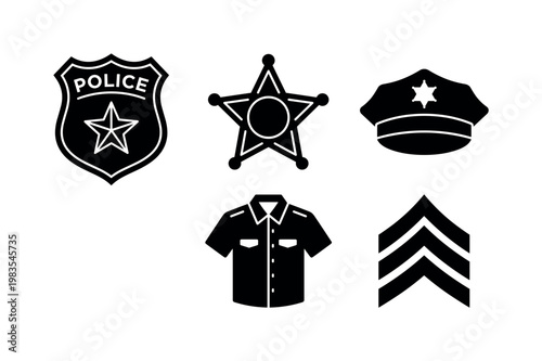 police badge shield emblem, sheriff star badge shape, police hat cap uniform, police uniform shirt icon, officer rank insignia