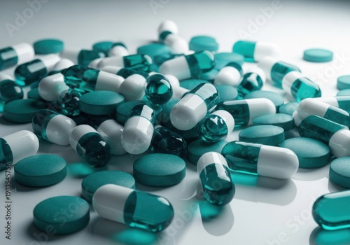 Assorted teal and white medical capsules and pills