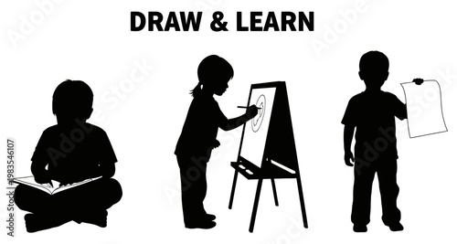Children silhouettes engaged in learning activities like reading drawing and presenting ideas