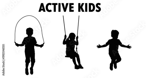 Children silhouettes jumping rope swinging and playing outdoors during daylight
