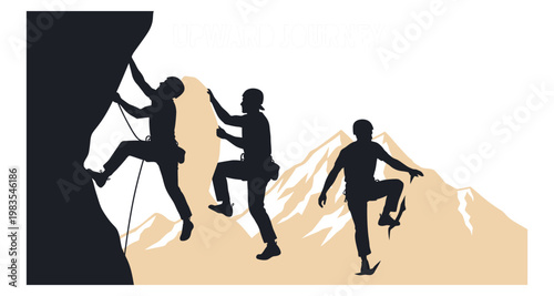 Climbers ascend a mountain during an upward journey with a silhouette style