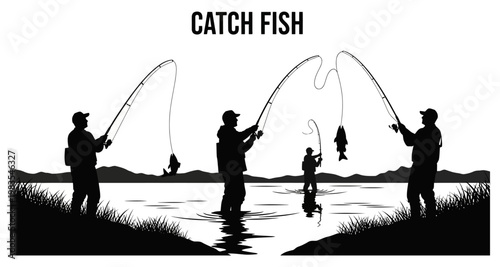 Fishermen casting lines during sunset with fish caught in serene water silhouette