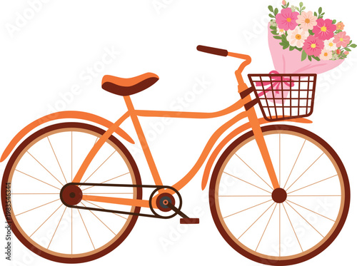 A flat vector illustration of a vintage city bicycle with a front basket holding a wrapped bouquet of flowers, designed in a warm minimal style.