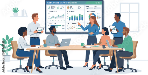Business team analyzing global sales and analytics dashboard on screen